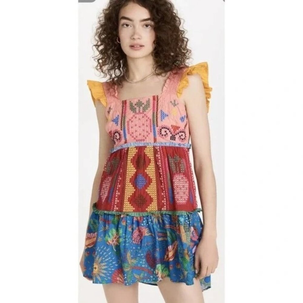Farm Rio colorblock embroidered tropical tiered ruffle mini dress - Picture 2 of 13